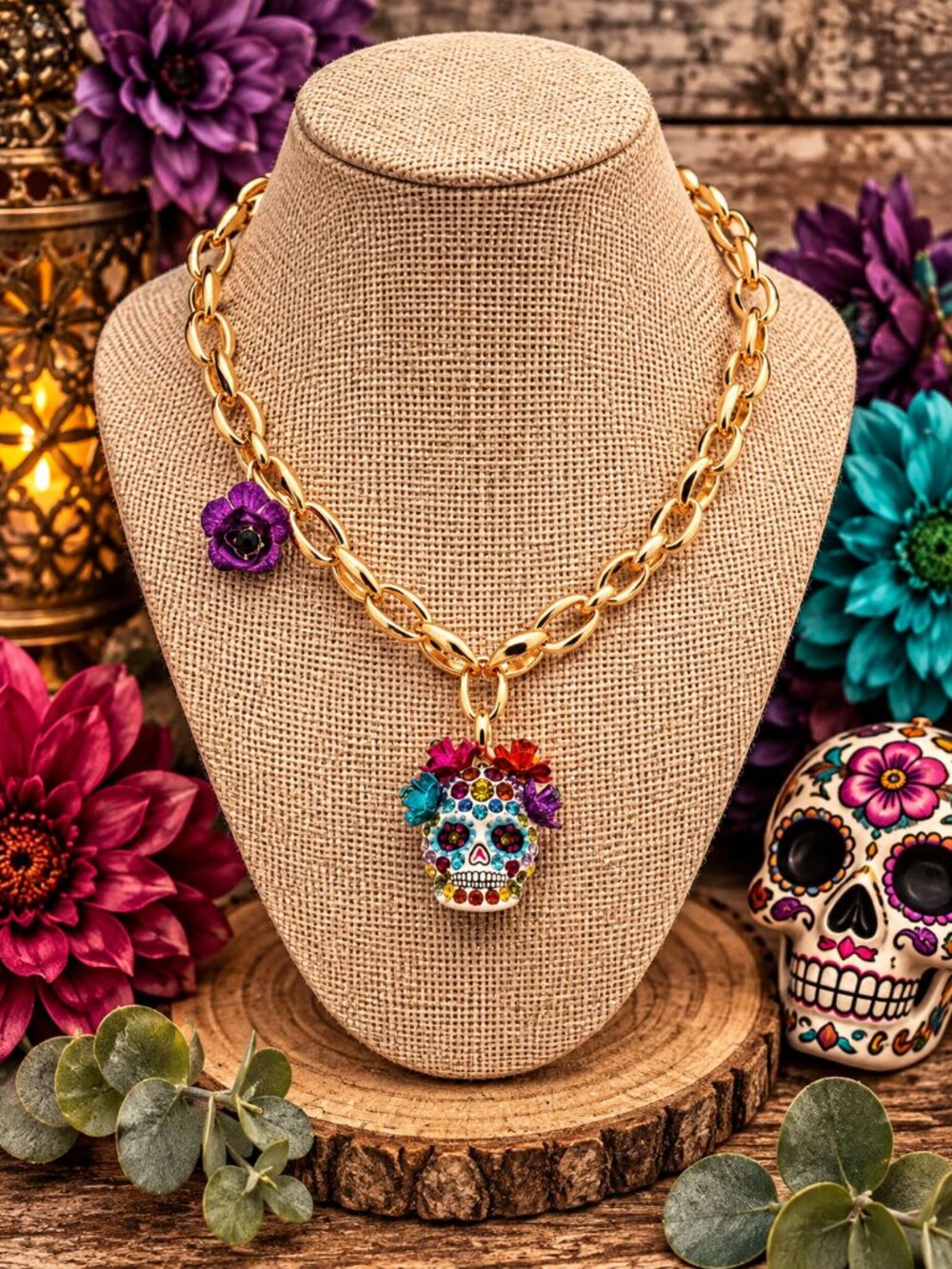 Betsey Johnson Day of the Dead Halloween Sugar Skull Necklace New